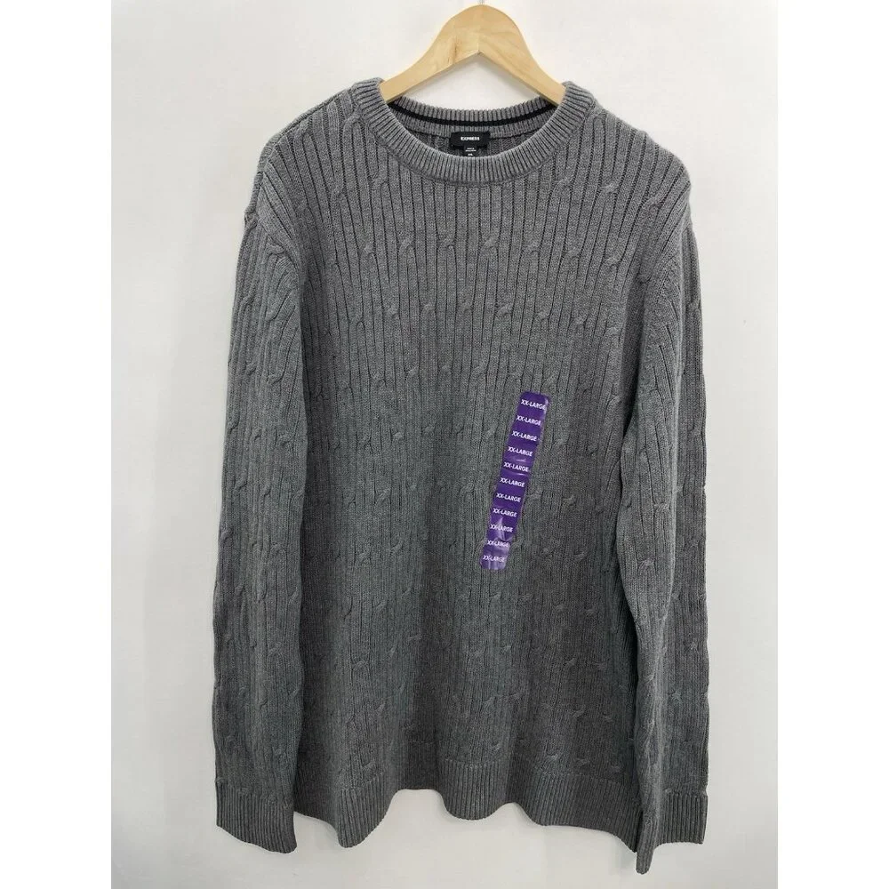 Express Cable Knit Sweater Crewneck Pullover Gray Mens XXL